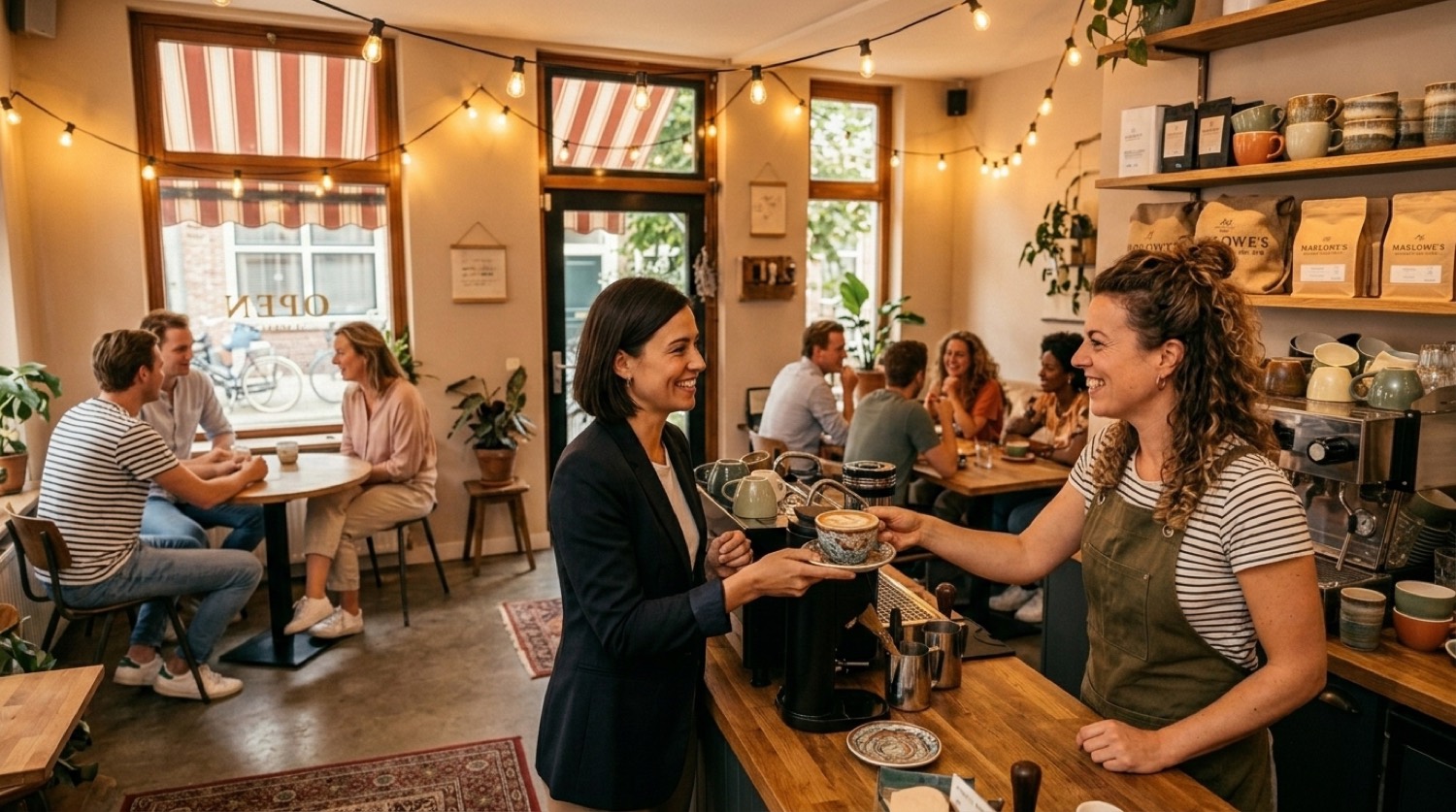 Barista handing a latte to a customer