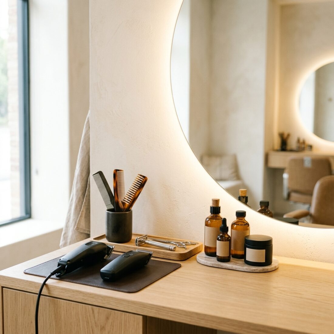 Grooming station with combs, clippers, and grooming products