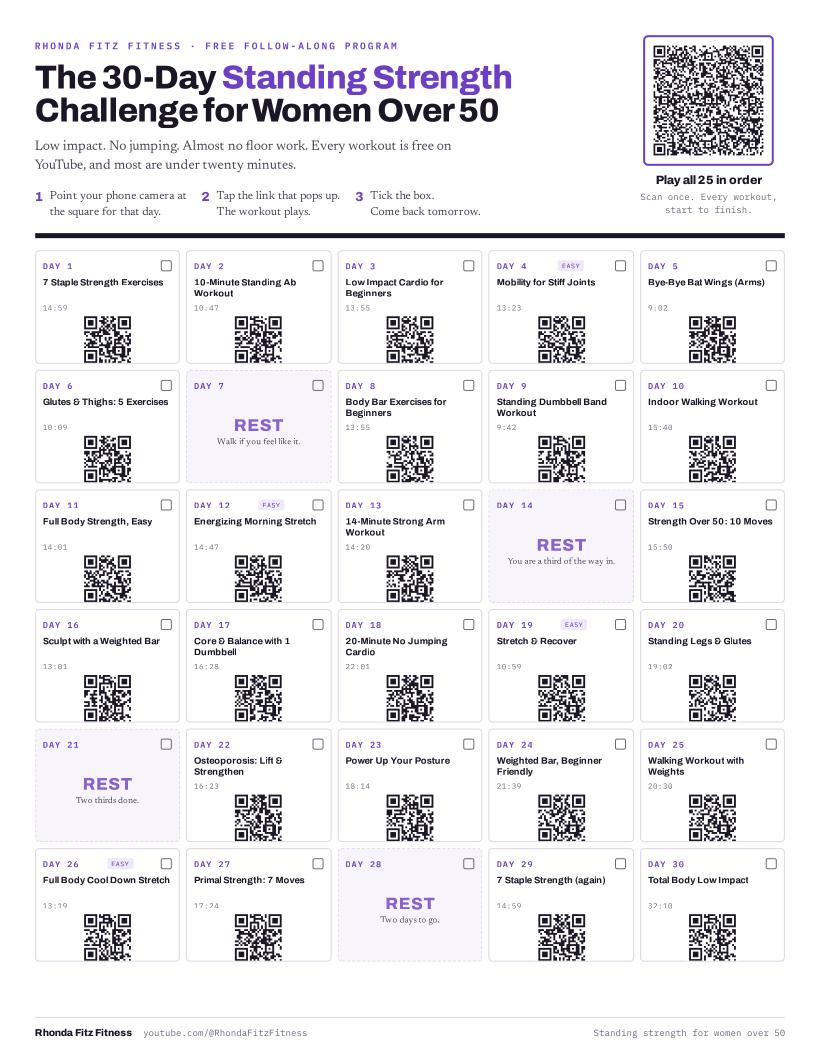 The 30-Day Standing Strength Challenge calendar: an 8.5 by 11 page with a grid of thirty numbered days, each with its own QR code and workout name.